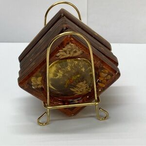 Four Vintage Retro Lucite Acrylic Seed Wheat Drink Coasters with Stand MCM Boho